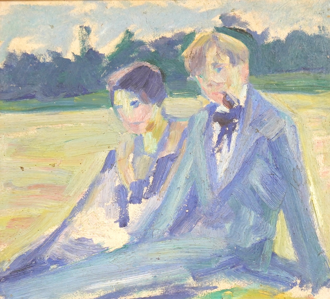Ferraro, two seated figures before a landscape, unsigned, label verso, impressionist oil on board, 23 x 26cm